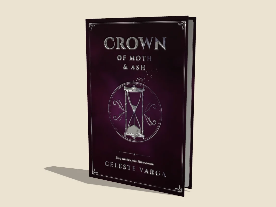 Crown of Moth & Ash: silver foil on the title, hourglass and frame of a plum hardcover