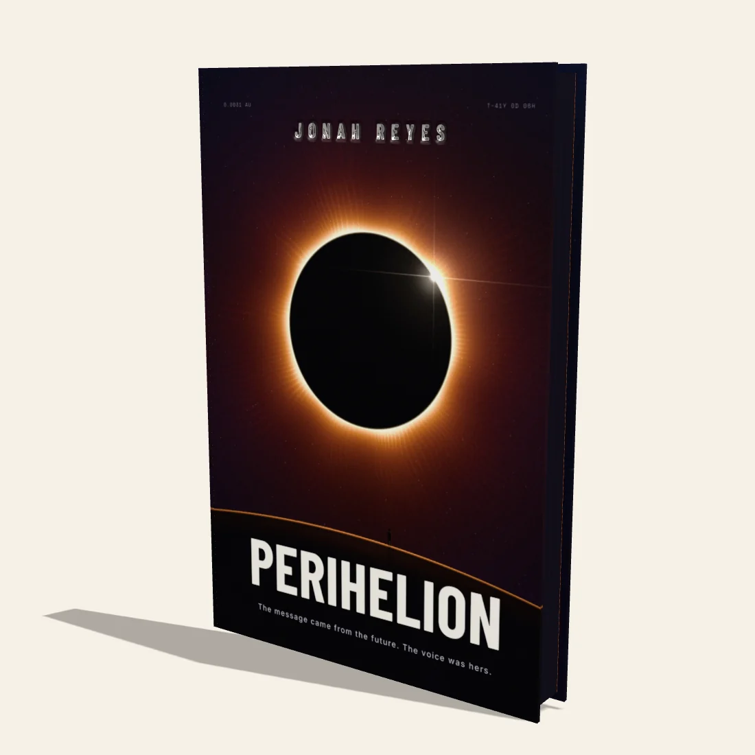 Perihelion, a black hardcover with silver foil lettering and black sprayed edges