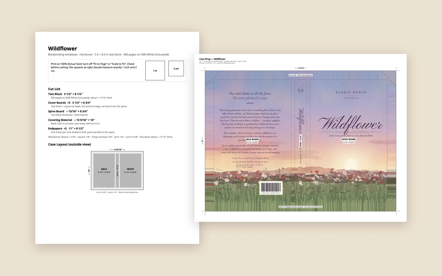 Wildflower’s cut list beside its full-size case wrap template